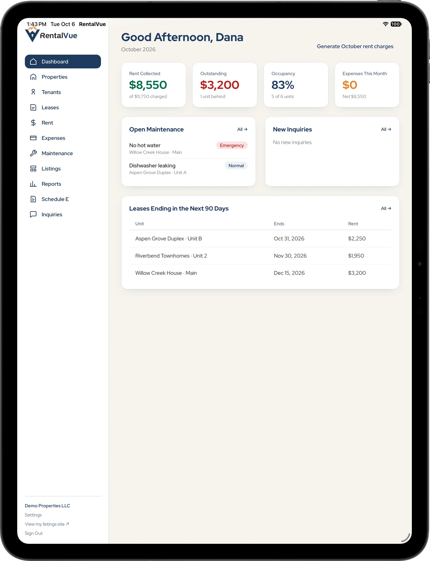 RentalVue on an iPad, showing the dashboard beside the full navigation sidebar.