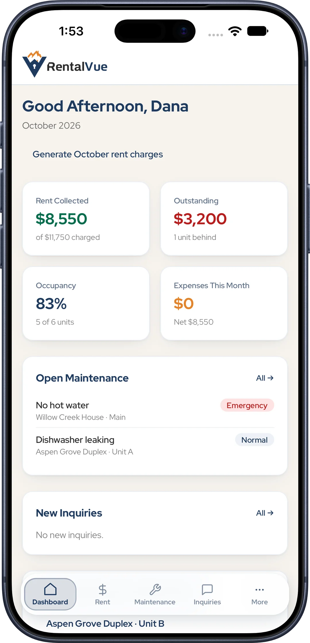 The RentalVue dashboard on an iPhone: rent collected, rent outstanding, occupancy and open maintenance requests.