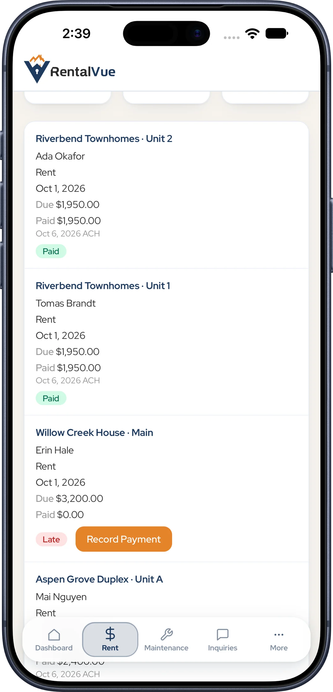 The RentalVue rent roll on an iPhone: charged, collected and outstanding for the month, with each unit listed below.